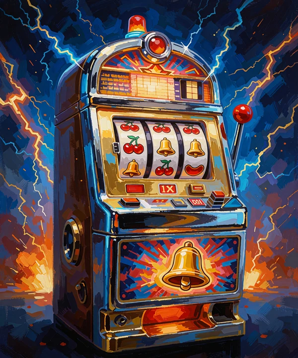 Okładka slotu Platinum Lightning: chromowany automat retro z bębnami, otoczony złotymi błyskawicami