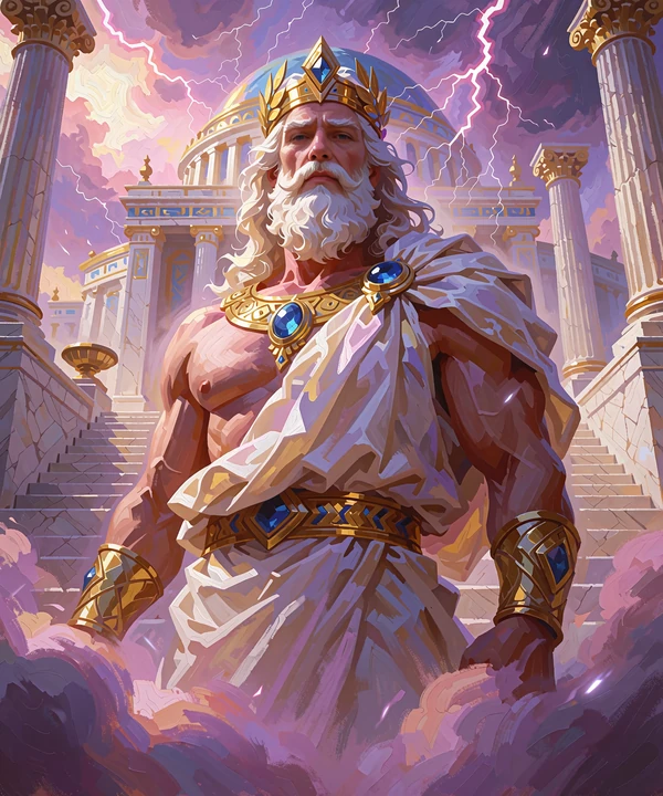Okładka slotu Gates of Olympus: b&oacute;g piorun&oacute;w w złotej koronie na tle marmurowej świątyni i burzowego nieba