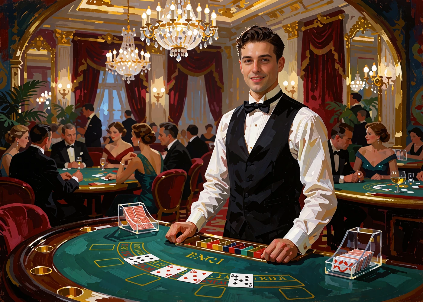 Uśmiechnięty krupier przy stole do blackjacka w eleganckiej sali kasyna na żywo Roulettino z żyrandolami