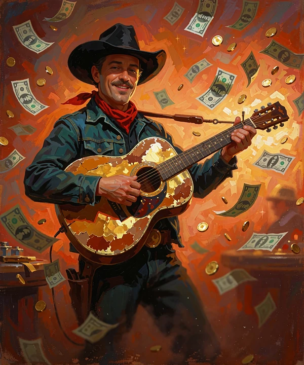 Okładka slotu Johnny Cash: kowboj w czarnym kapeluszu gra na gitarze wśr&oacute;d spadających banknot&oacute;w