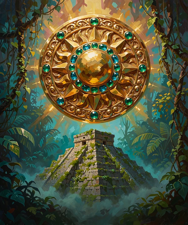 Aztec Magic - slot online: złoty dysk słońca z szmaragdami nad kamienną piramidą w gęstej dżungli